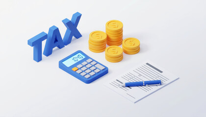 3D Isometric Tax Concept with Calculator and Coins. Concept for financial planning and accounting.