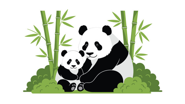 Giant panda bear sitting and holding its cute small cub in a lush green bamboo forest setting on a white background.