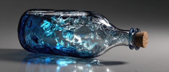 Transparent glass bottle filled with blue liquid against a gradient background