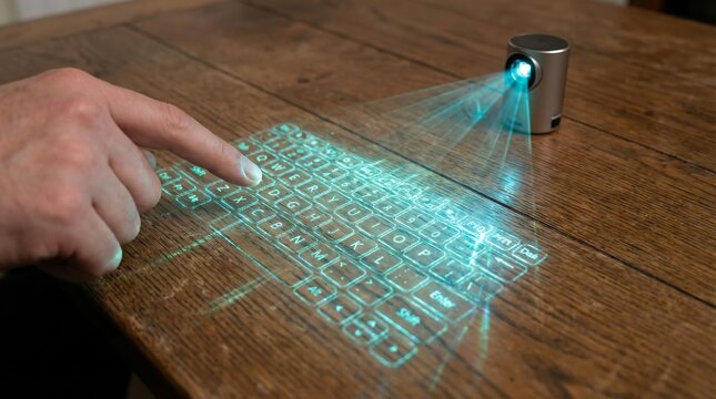Hand typing on a futuristic holographic virtual keyboard projected onto a wooden table by a mini projector representing innovative human-computer interaction and future technology