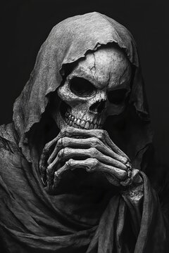 Mysterious Contemplation: An enigmatic figure shrouded in dark cloth, reveals a haunting skull, lost in profound thought.