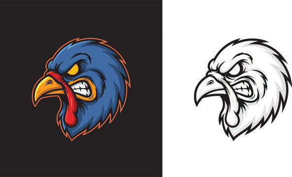 A fierce and aggressive turkey head mascot logo in blue, yellow, and red, with a black and white outline version.