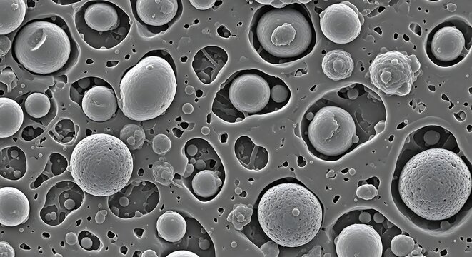 Scanning electron microscope image showing a network of interconnected spherical particles with varying sizes and porous structures