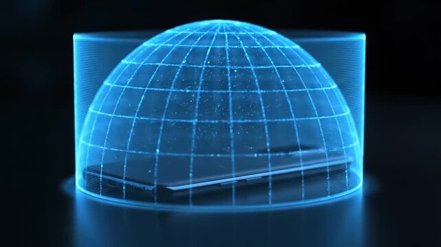 3D Digital Dome Visualization, Holographic Technology, Virtual Environment, Futuristic Graphic Design, Blue Neon View