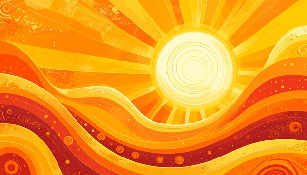 2d Yellow orange hot groovy hippie retro sunny abstract background. Summer doodle sunshine shapes childish style. Dynamic illustration sunny summer poster banner Vintage wavy sun rays sunburst pattern