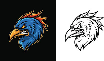 Fototapeta premium An aggressive blue bird mascot head with a fierce expression, featuring a yellow beak and orange crest, alongside its black and white outline version.