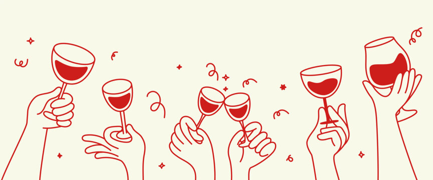 Vector simple minimal linear style illustration with sketch hands holding wine glasses, celebration and party vibe, invitation design element, banner, template