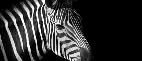 Horizontal zebra portrait with generous copy space on deep black background.Dramatic wildlife image with strong contrast and elegant graphic lines. Ideal for website banners, advertising layouts, bran