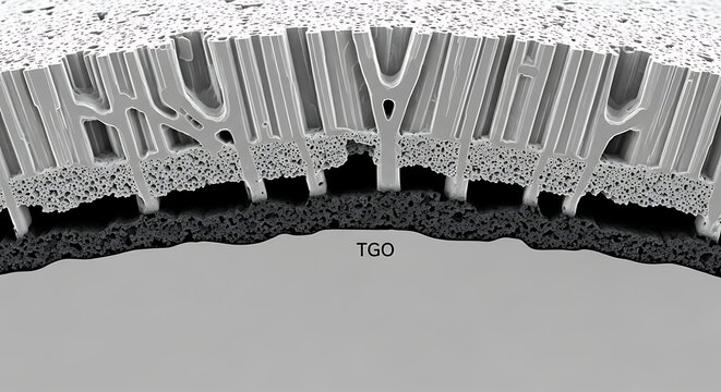 Cross section of a material showing columnar structures and porous layers with TGO label