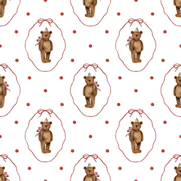 Watercolor teddy bear seamless pattern with red ribbon frames and dots. Repeating nursery illustration featuring birthday bears in festive party hats. Vintage baby fabric design