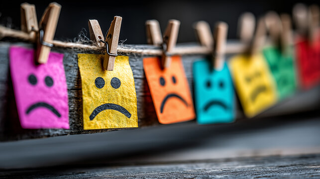 Colorful paper notes with sad faces hanging on a string, symbolizing negative emotions, mental health struggles, low mood and emotional expression.