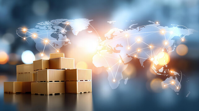 World logistics with world map and network distribution on background, industrial container cargo freight ship for concept of fast or instant shipping, global trade visualization,