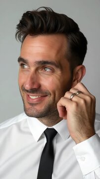 Closeup shot of macho business man touch groomed neat hairdo salon beaming smiling look mirror love himself wear white office shirt tie isolated grey color background fashion editorial phot.
