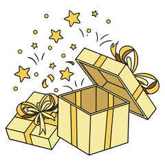 gift box opening with golden stars and sparkles