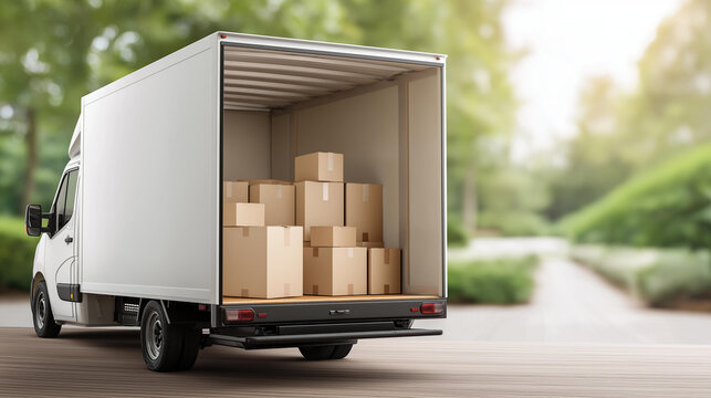 Delivery truck with open back door and cardboard boxes, cargo van for shipping and transportation, commercial freight vehicle, distribution delivery operations, with copy space