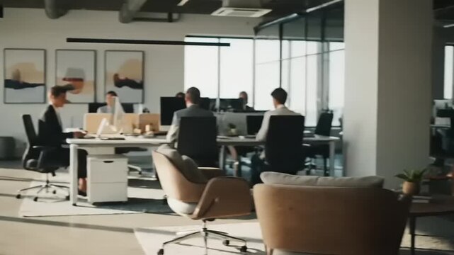 Business Meeting Collaboration in Modern Office Space with Professionals Working at Computer Desks from Rear View