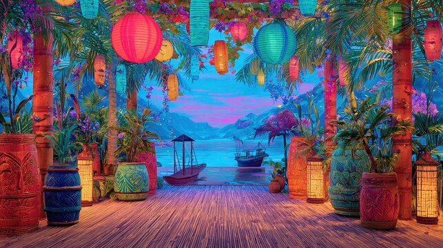 Exotic seascape celebration vibrant colors and decorative lanterns capturing cultural unity and commercialization of travel close up carnival theme vibrant Composite tiki bar backdrop. 