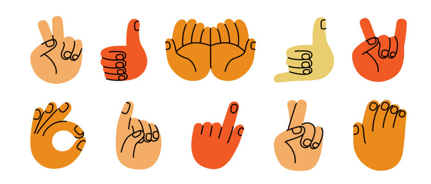 Vector hand drawn gesture, doodle sketchy illustration, hands showing different signs, surf, ok, high five, potinting, peace, rock