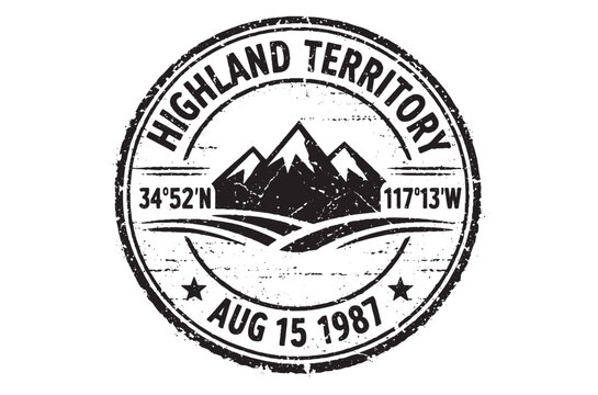 Vintage Highland Territory mountain stamp, distressed outdoor adventure badge, retro travel logo