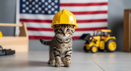 Adorable kitten in hard hat celebrates american labor day with patriotic flair
