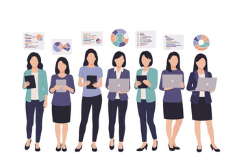 Obraz premium Diverse professional women analyzing business data with digital devices, surrounded by various charts and graphs, modern illustration.