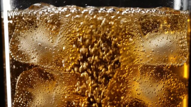 A glass of soda with ice cubes in it. The bubbles in the soda are visible and the ice cubes are floating in the liquid