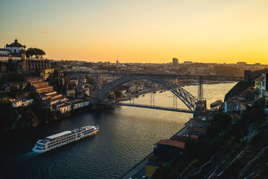 Dom Luiz bridge over river douro at porto in portugal at dusk