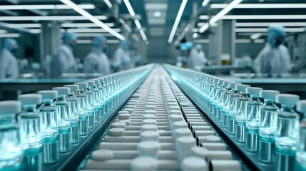Fototapeta premium A factory line of bottles with a blue light shining on them