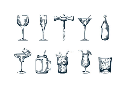 Vintage Engraved Drinkware Illustration Set