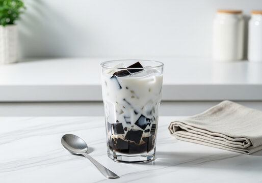 Refreshing Grass Jelly Milk Tea Beverage