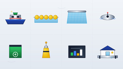 Collection of maritime and commercial fishing icons including boat net buoys and data charts for ocean industry monitoring © AVRIX