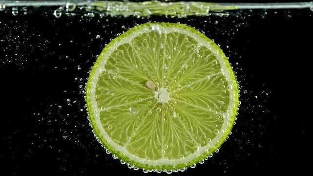 A glass of water with a piece of fruit floating in it. The fruit is a lime. The water is clear and the lime is floating on top