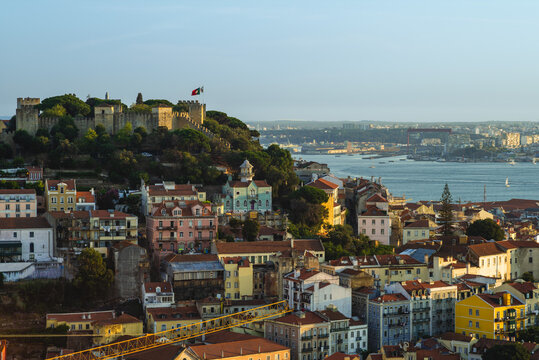 scenery of saint george castle and river tagus at lisbon in portugal