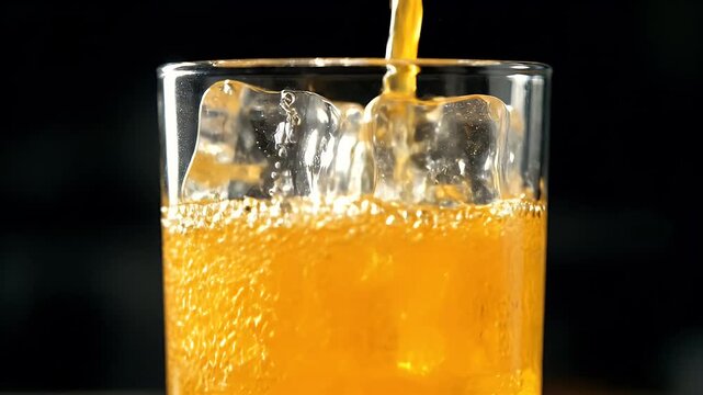 A glass filled with ice cubes and a clear liquid. The ice cubes are scattered throughout the glass, with some closer to the top and others near the bottom. The liquid appears to be a type of beverage