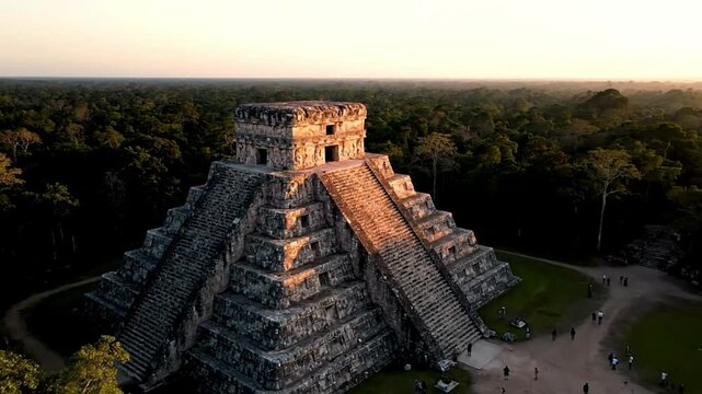 Cinematic Aerial Drone Shot of Tikal Pyramid at Sunset, Ancient Mayan Ruins in Jungle Concept
