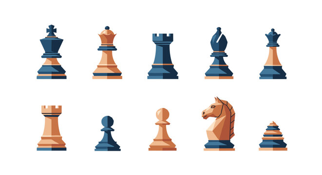 Stylized chess pieces set featuring king, queen, rook, bishop, knight, and pawn in contemporary design
