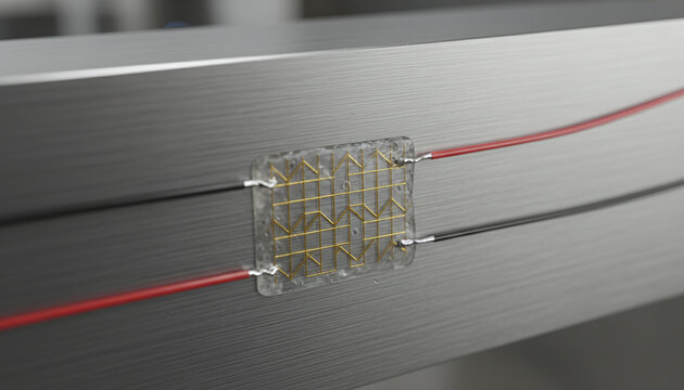 Foil strain gauge sensor glued on steel beam for stress measurement