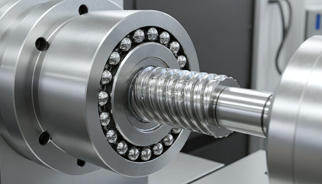 Precision ball screw mechanism cutaway with steel bearings and threaded shaft