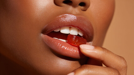 Naklejka premium Glossy lips close up of African American woman holding red gummy candy with manicured fingers and white teeth visible
