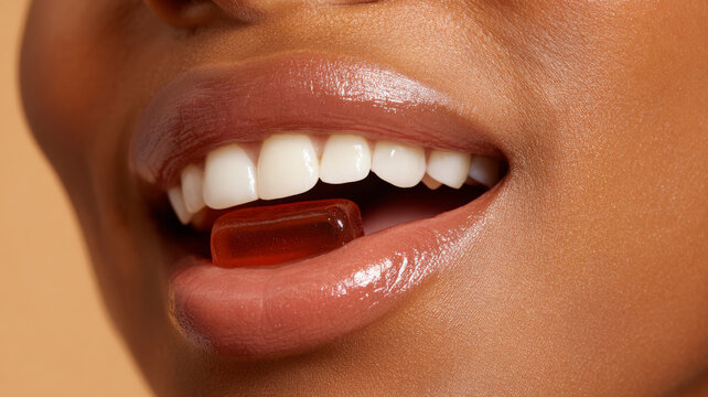 Soft gummy supplement held between lips of smiling African American woman close up mouth chewing