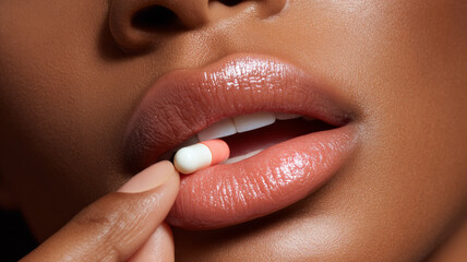 Naklejka premium Macro beauty shot of lips holding pink and white capsule pill, showing smooth skin and natural lip texture