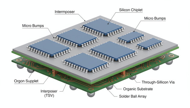 Advanced semiconductor packaging cross section with multiple chiplets on interposer