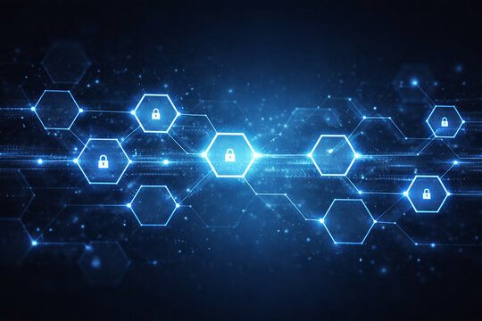 Cybersecurity Network Background with Glowing Hexagons and Lock Icons, Blockchain Data Protection, Secure Digital Connection Concept for Technology Social Media Post Design