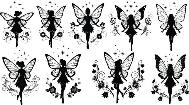 Set of ten black silhouettes depicting whimsical fairies with butterfly wings and intricate floral patterns
