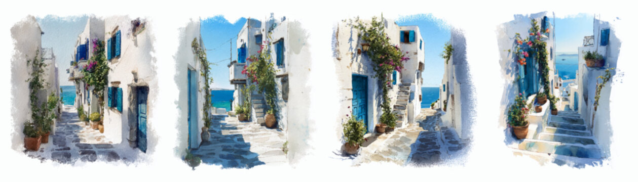 Watercolor Santorini village set featuring white houses, blue sea panoramas, and Greek island architecture ideal for Mediterranean travel posters and summer vacation graphics.
