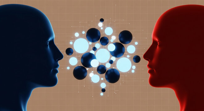 Two facing stylized head silhouette in blue and red, with connected glowing spheres between, representing communication, connection, and interpersonal interaction