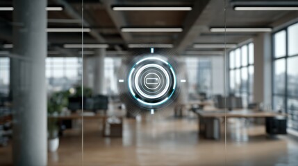 Modern office interior with virtual interface targeting business concept