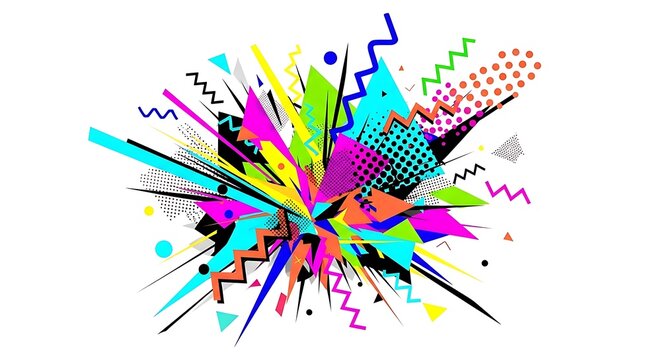 Vibrant memphis style graphic with colorful geometric shapes and patterns