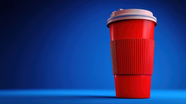 Red coffee cup on blue background for beverages and marketing purposes