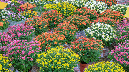 Bright potted chrysanthemum blooms in pink, yellow, orange and white at a plant nursery. Seasonal fall decoration and gardening concept.